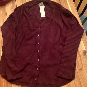 Urban Outfitters Red Flowy Oversized Waffle Thermal Top with Buttons S